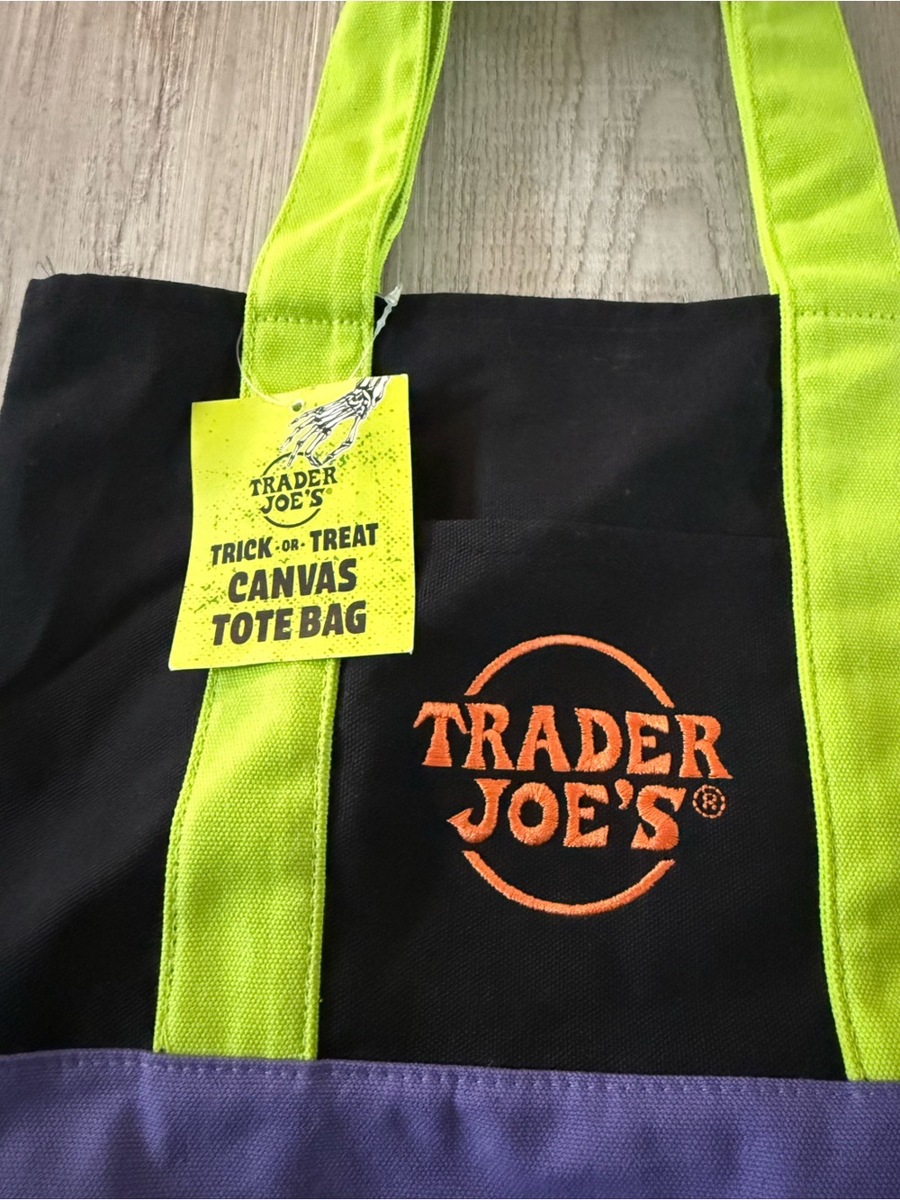Brand New w Tags Trader Joe's Black Canvas Tote with Lime Handles and Purple - Picture 3 of 5